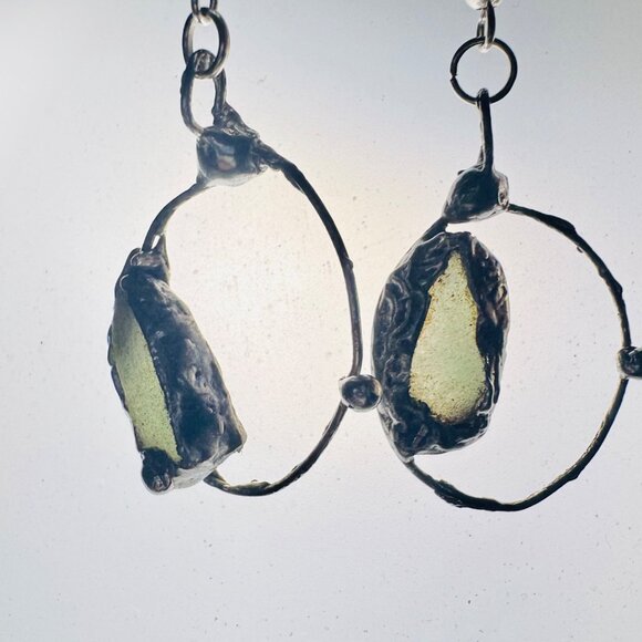 Natural Moldavite & Sterling 925 Boho Metalwork Earrings - Picture 9 of 17
